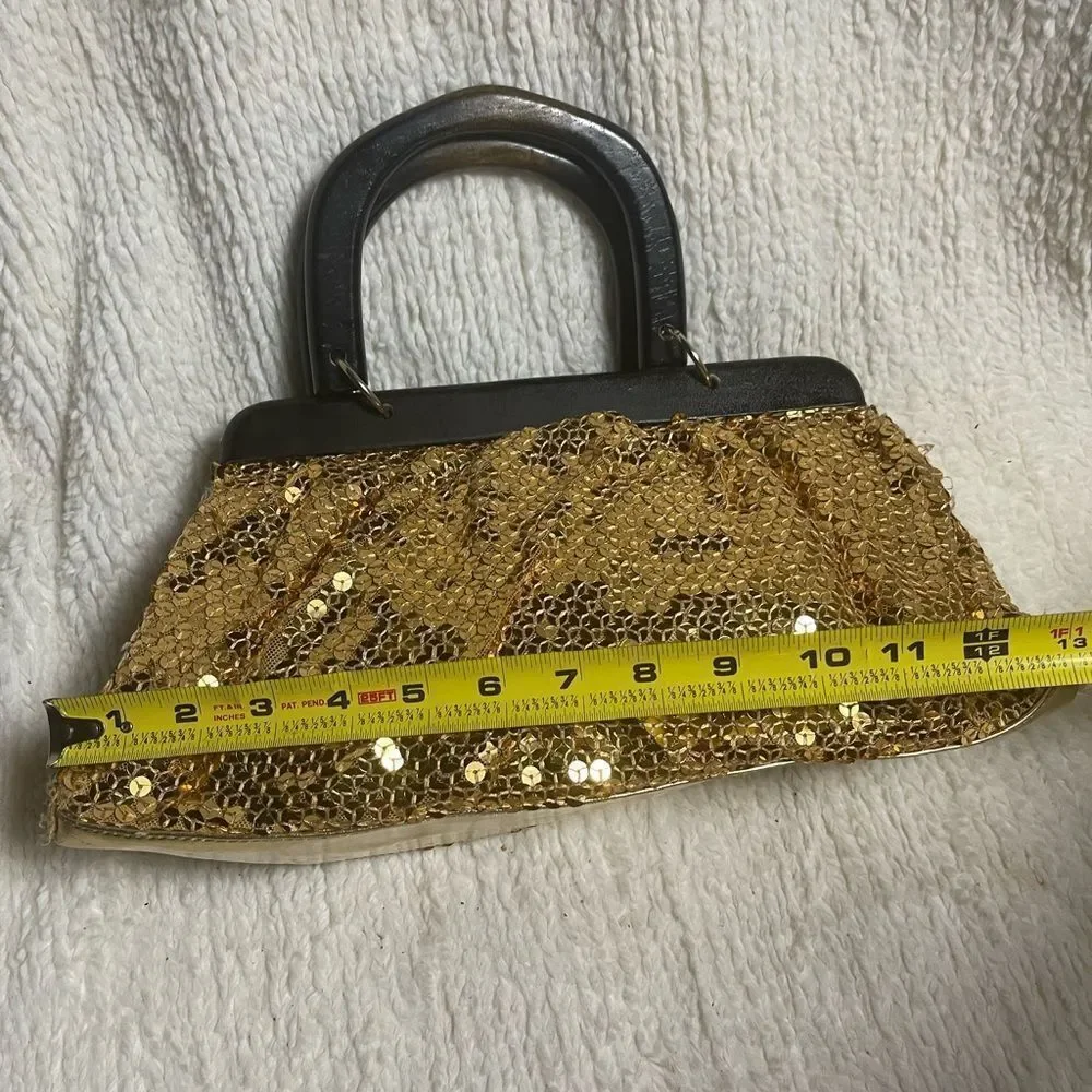 Gold Sequins with wooden black handles and frame handbag.